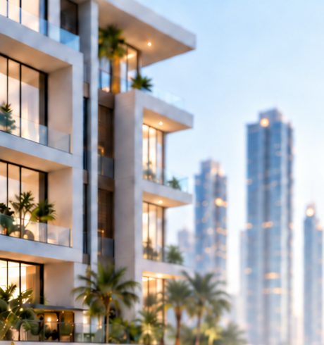 Modern residential building with towers in the background